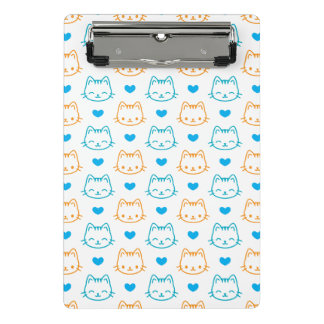 Mini Prancheta Padrão de Rostos de Gato Kawaii Turquesa e Laranja
