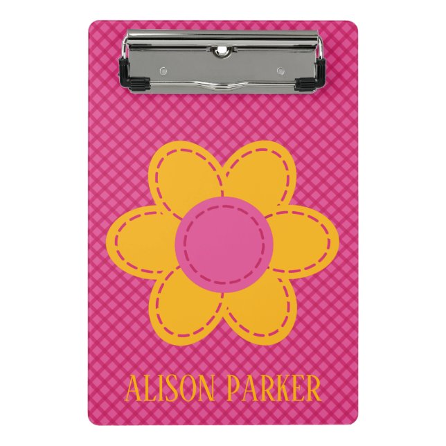 Mini Prancheta Padrão de xadrez rosa e flores amareladas costura (Frente)