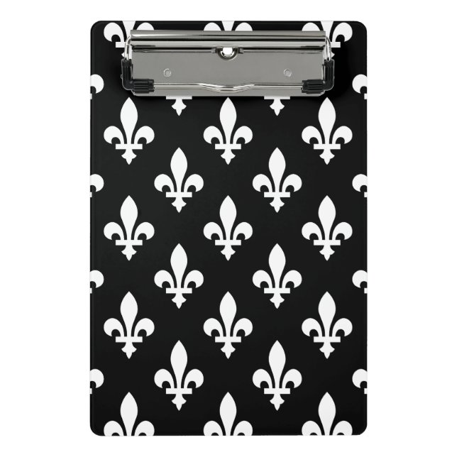 Mini Prancheta Padrão Flor de Lis, Real Francês, Branco no Preto (Frente)