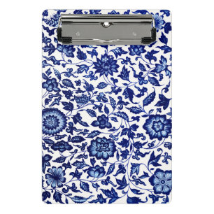 Mini Prancheta Padrão floral azul-marinho chinês em branco