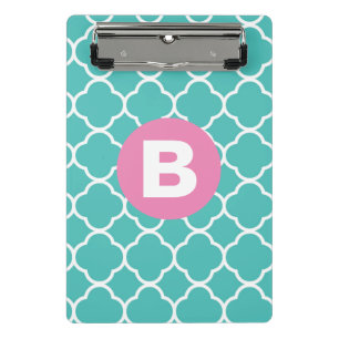 Mini Prancheta Padrão Quatrefoil Verde-Azul com Monograma Rosa Pe