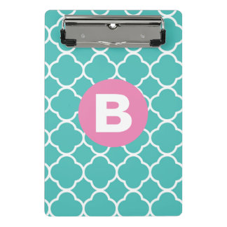 Mini Prancheta Padrão Quatrefoil Verde-Azul com Monograma Rosa Pe