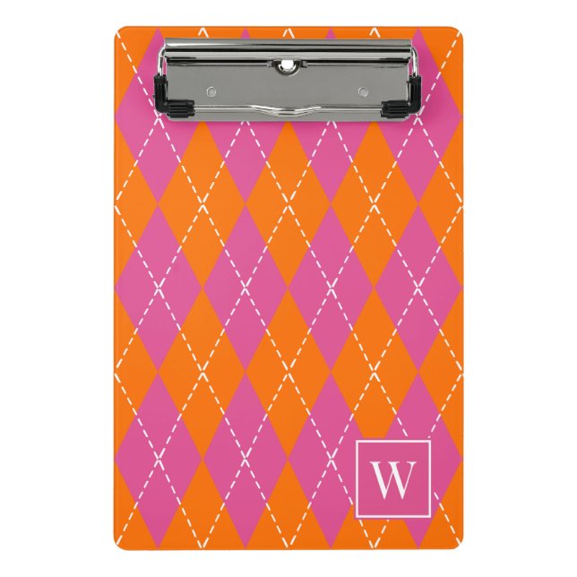 Mini Prancheta Preppy com Argyle Costurado à Mão – Rosa Quente e  (Frente)