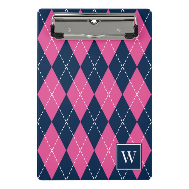 Mini Prancheta Preppy com Argyle Costurado à Mão – Rosa Vibrante  (Frente)