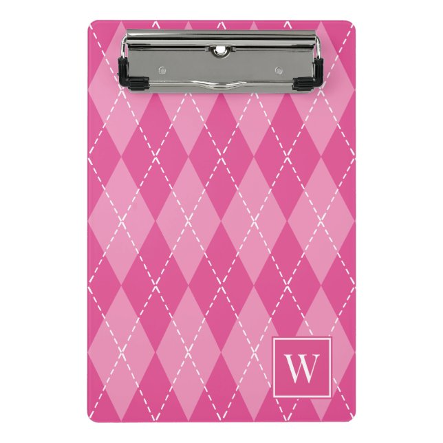 Mini Prancheta Preppy com Pontos Argyle – Rosa Quente & Rosa (Frente)