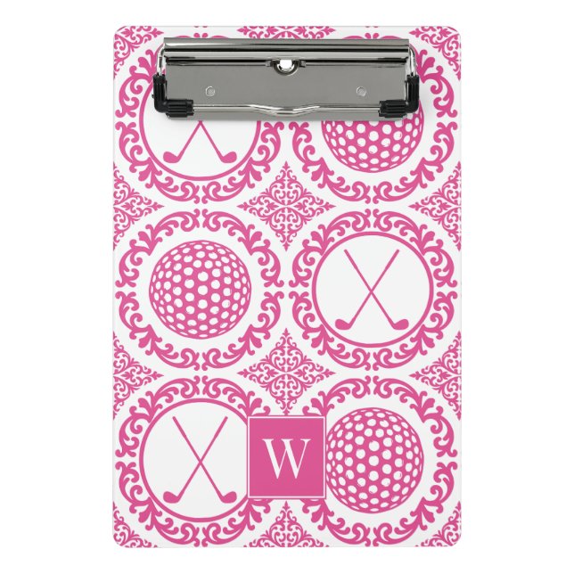 Mini Prancheta Preppy Golf Damask - Balls & Clubs - Hot Pink  (Frente)