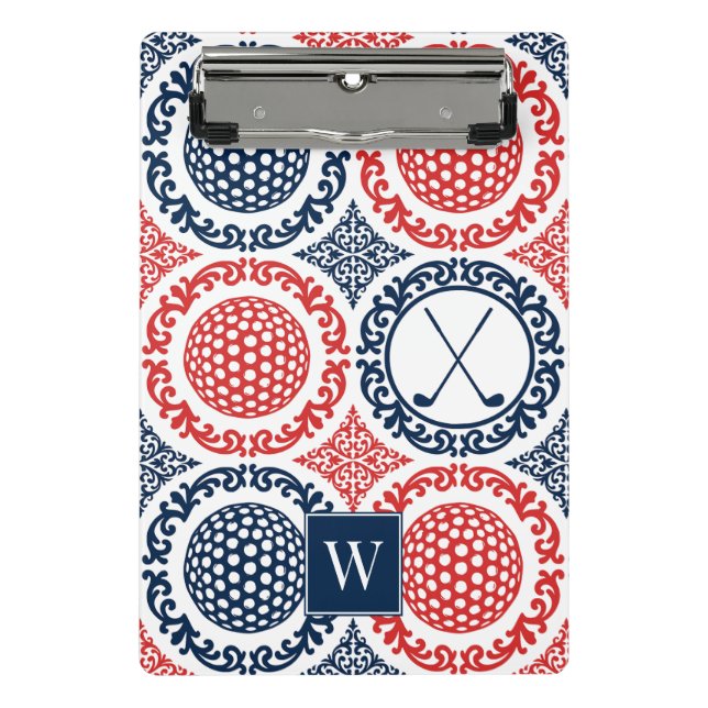 Mini Prancheta Preppy Golf Damask - Balls & Clubs - Navy & Red (Frente)