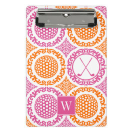 Mini Prancheta Preppy Golf Damask - Balls & Clubs Orange Pink