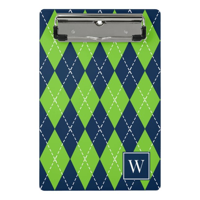 Mini Prancheta Preppy Hand-Stitched Argyle – Azul-Marinho & Lima (Frente)