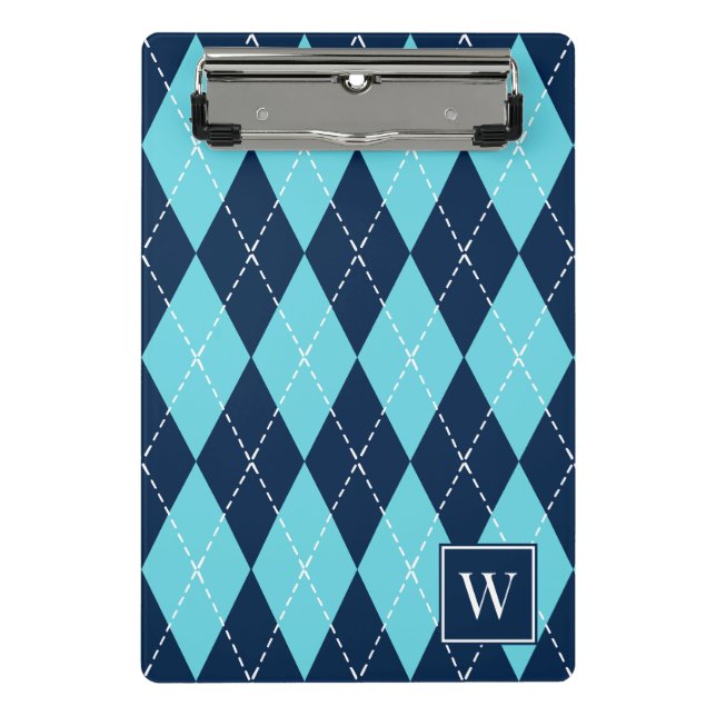 Mini Prancheta Preppy Hand-Stitched Argyle – Azul-Marinho & Turqu (Frente)