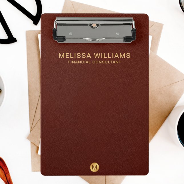 Mini Prancheta Quic Faux Red Leather & Dourado Monograma Name (Criador carregado)