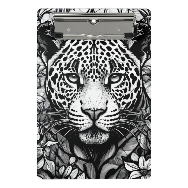 Mini Prancheta Retrato de Leopardo Preto e Branco Para Amantes de (Frente)