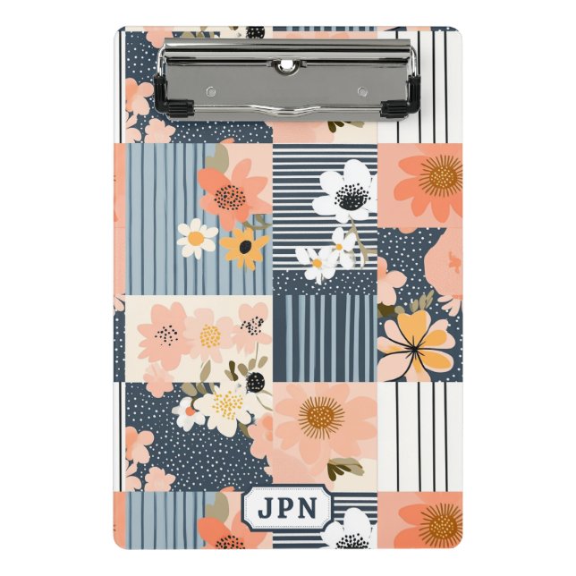 Mini Prancheta Retro Floral Patchwork em Rosa e Azul (Frente)