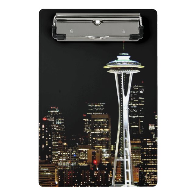Mini Prancheta Skyline de Seattle na noite, com agulha do espaço (Frente)