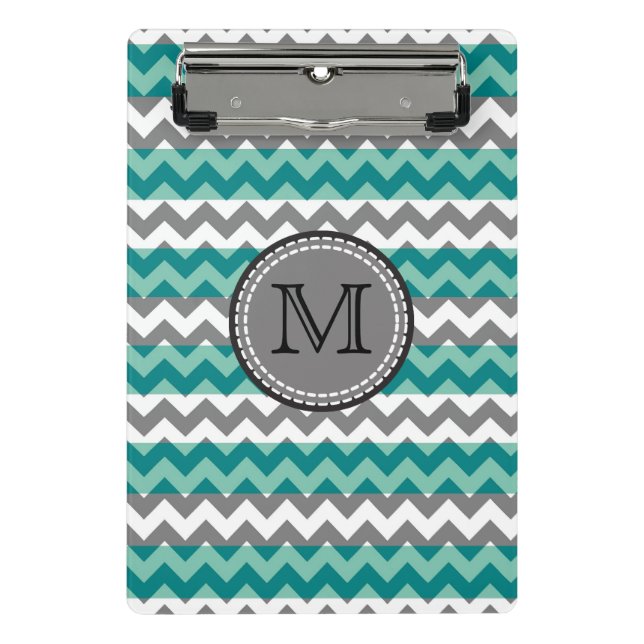 Mini Prancheta Turquesa e Cinza Chevron Zigzag Monograma (Frente)