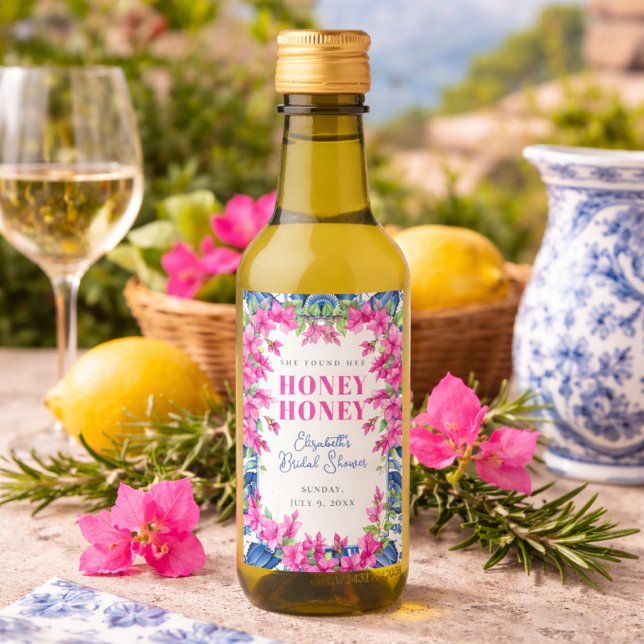 Mini Rótulo de Vinho para Chá de Noiva com Azulejo (Pink Bougainvillea Blue Tile Bridal Shower Wine Label)