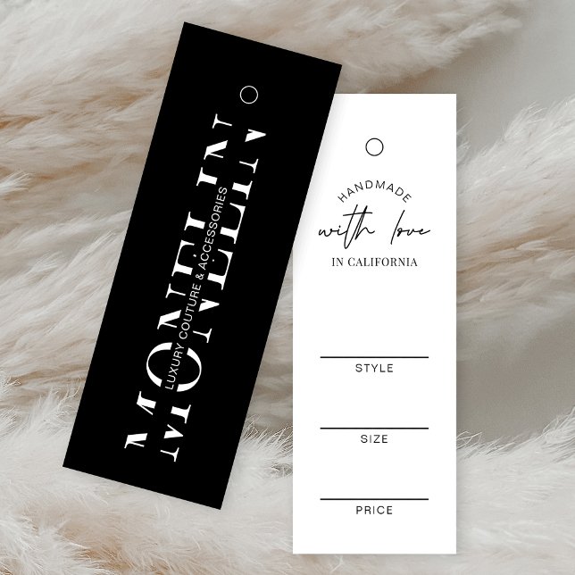Mínima de preço moderno de vestuário preto e branc (Minimalist slim clothing tag design with space for the style size and price on the back)