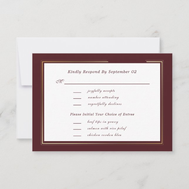 Minimal Dark Burgundy Gold Menu Selection RSVP  (Frente)