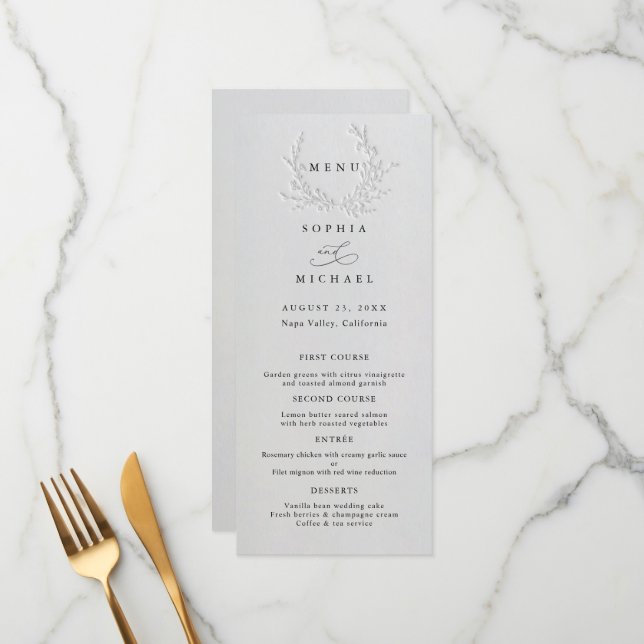 Minimal Faux Blind Deboss Cotton Wedding Flat Menu (Frente/Verso In Situ)