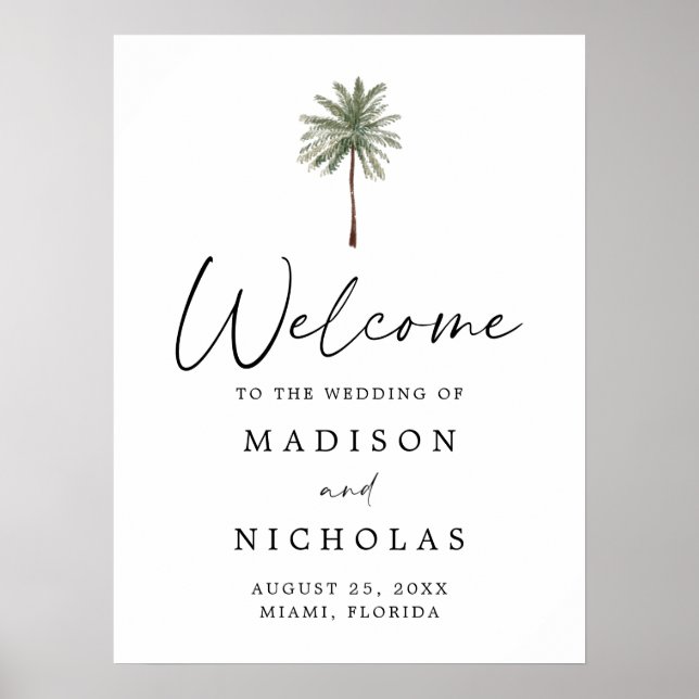 Minimal Palm Tree Wedding Welcome Sign Poster (Frente)