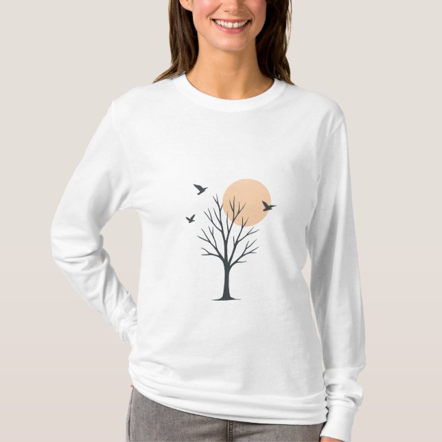 Minimal Tree & Birds Sunset Women’s T-Shirt (Frente)