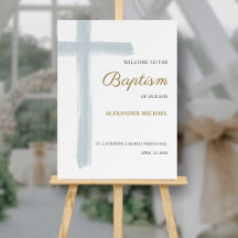 Minimal Welcome Cross Dusty Blue Boy Baptism 