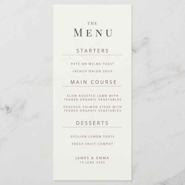 Minimalist Botanical Wedding Menu | Warm White (Frente)