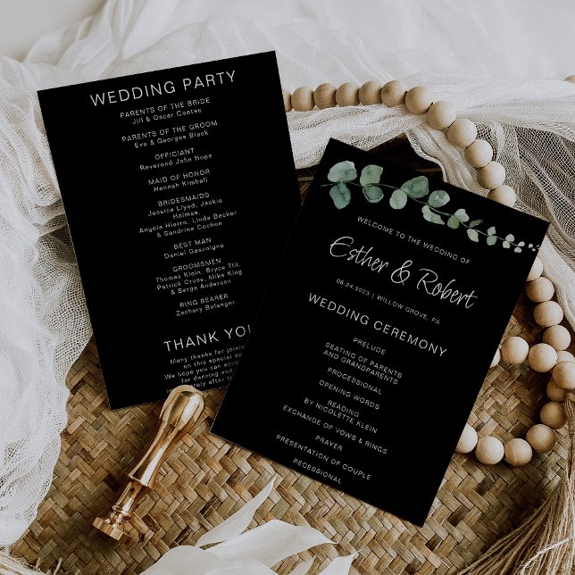 Minimalist Eucalyptus Black Wedding Program (Criador carregado)