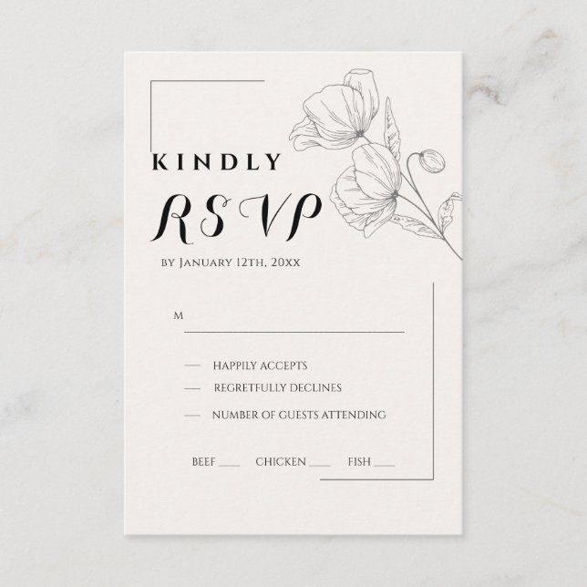 Minimalist Floral Line Art Wedding RSVP Card (Frente)