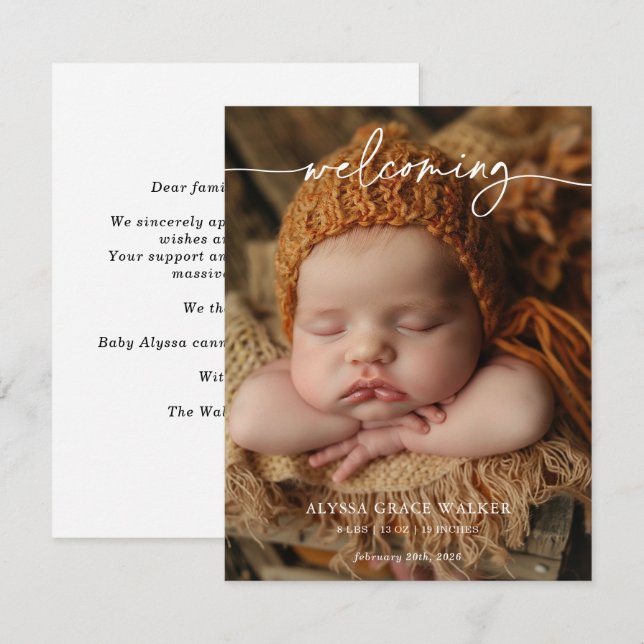 Minimalist Formal Welcoming Baby Announcement card (Frente/Verso)