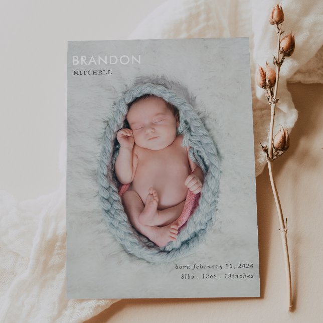 Minimalist Gray Photo Baby Announcement Flat Card (Criador carregado)