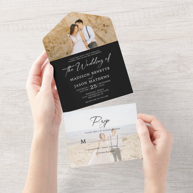 Minimalist Plain Black White2 Photo Rsvp Wedding (Aba destacável)