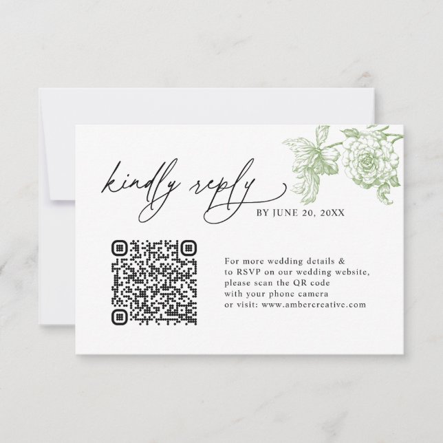 Minimalist Sage Green QR code Wedding RSVP Cards (Frente)