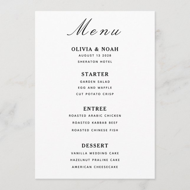 Minimalist Wedding Black & White Menu Card  (Frente)