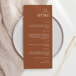 Minimalista Brown Terracotta O Cartão De Menu<br><div class="desc">Casamento Simples e Elegante, festa ou menu aniversário. Um design elegante em White e Brown Terracotta ou qualquer cor de fundo que você escolher. Basta clicar no link personalizar mais, mostrado na área de personalização de texto à direita, e escolher seu fundo de cor personalizado. Este poster de placa torna...</div>