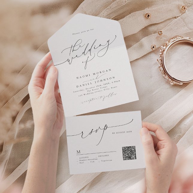Minimalista Moderno Chic Script Elegante Casamento (Minimalist Modern Chic Script Elegant Wedding All In One Invitation)