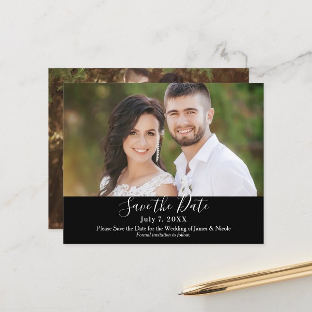 Minimalista Moderno Preto Chic Foto Salvar a Data (Frente/Verso In Situ)