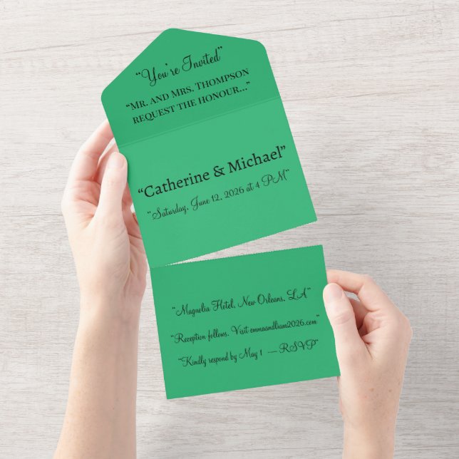 Minimalista Verde Tudo Em Um Convite De Casamento (Aba destacável)