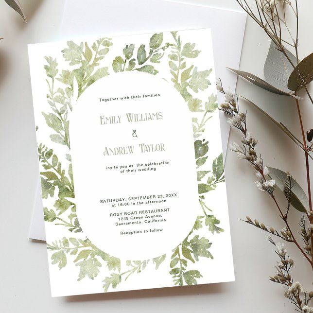 Mínimo convite de casamento verde à aquarela (Elegant minimalistic watercolor green invitation, perfect for weddings or baby showers)