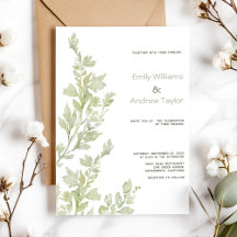 Mínimo convite de casamento verde à aquarela