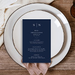 Mínimo e Chic | Marinho escuro Menu Casamento Azul<br><div class="desc">Estes elegantes e modernos cartões de cardápio de casamento ou cartões de menu de janto de ensaio apresentam um simples design de texto azul e branco marinho escuro que expele o estilo minimalista. Adicione suas iniciais ou monograma para torná-las completamente suas.</div>