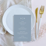 Mínimo e Chic | Menu Branco e Azul Dusty<br><div class="desc">Estes elegantes e modernos cartões de cardápio de casamento ou cartões de menu de janto de ensaio apresentam um simples design de texto azul e branco empoeirado que expele o estilo minimalista. Adicione suas iniciais ou monograma para torná-las completamente suas.</div>