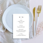 Mínimo e Chic | Menu Casamento Negro e Branco<br><div class="desc">Estes elegantes e modernos cartões de cardápio de casamento ou cartões de menu de janto de ensaio apresentam um simples design de texto preto-e-branco que expele o estilo minimalista. Adicione suas iniciais ou monograma para torná-las completamente suas.</div>