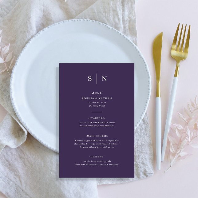 Mínimo e Chic | Menu Casamento Roxo (A colorful, modern wedding menu in dark purple)
