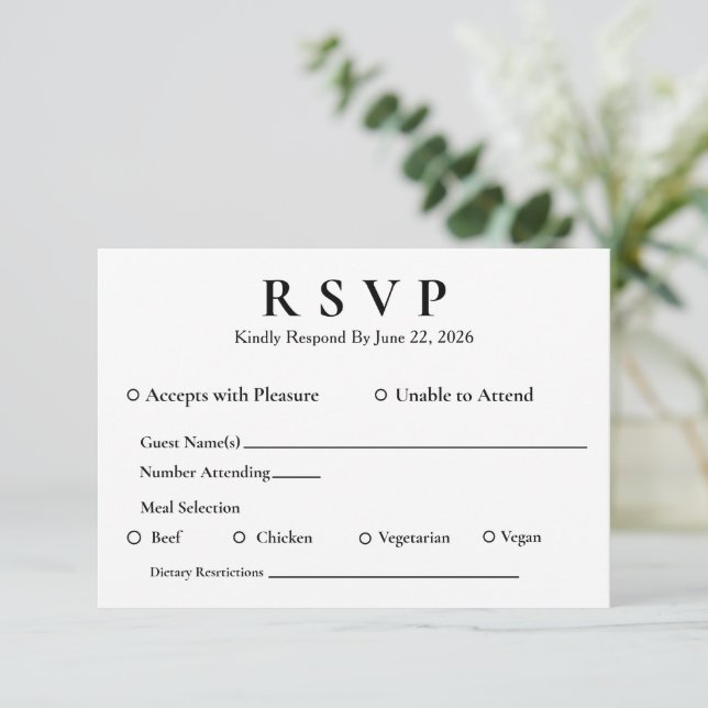 Mínimo Elegante Branco RSVP com Entradas (Em pé/Frente)
