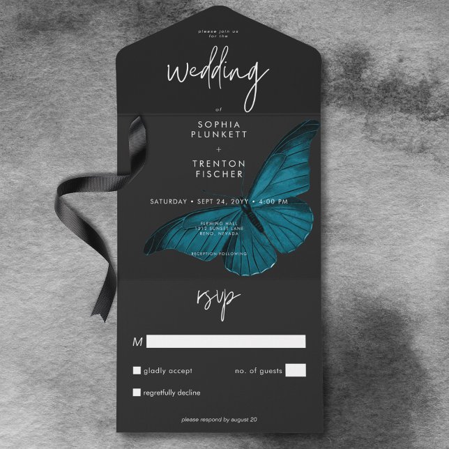 Mínimo Escuro Moody Moth Sem Casamento Jante (Dark Moody Minimal Teal Moth No Dinner Wedding All In One Invitation)