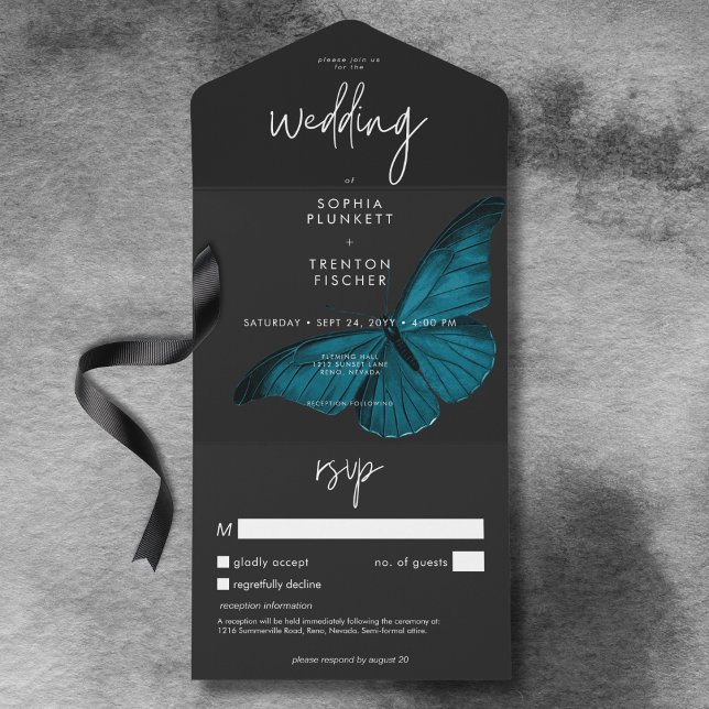 Mínimo escuro Moody Teal Moth Sem Janto com Detalh (Dark Moody Minimal Teal Moth No Dinner w/ Details All In One Invitation)