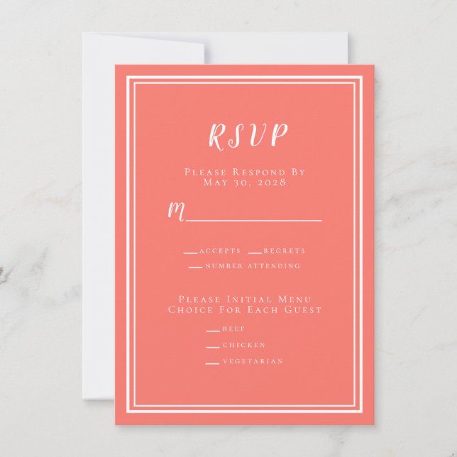 Mínimo Moderno de Casamento RSVP Menu Coral White (Frente)