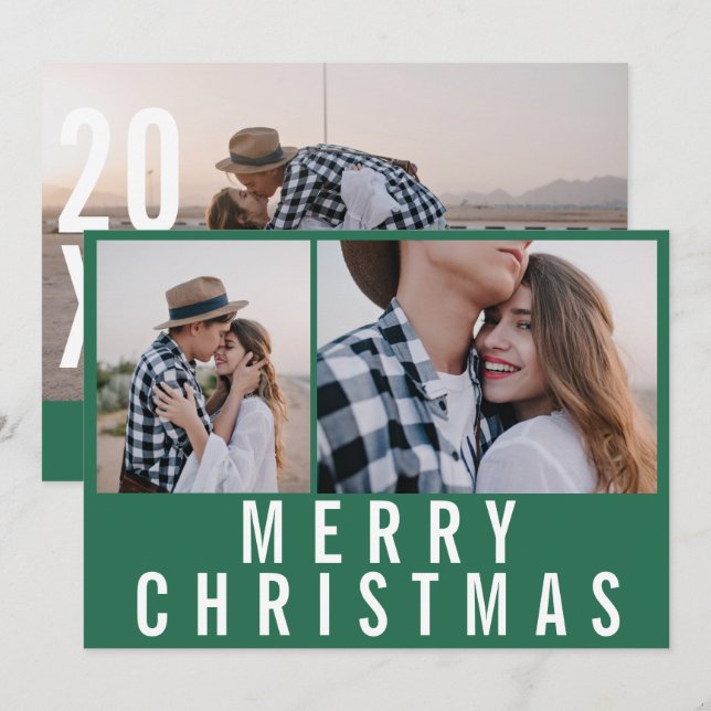 Mínimo moderno Natal branco verde-multifoto (Frente/Verso)
