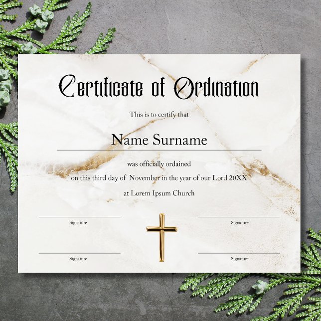 Ministério do Certificado de Ordenação da Igreja (Certificate of ordination white marble background and gold cross)